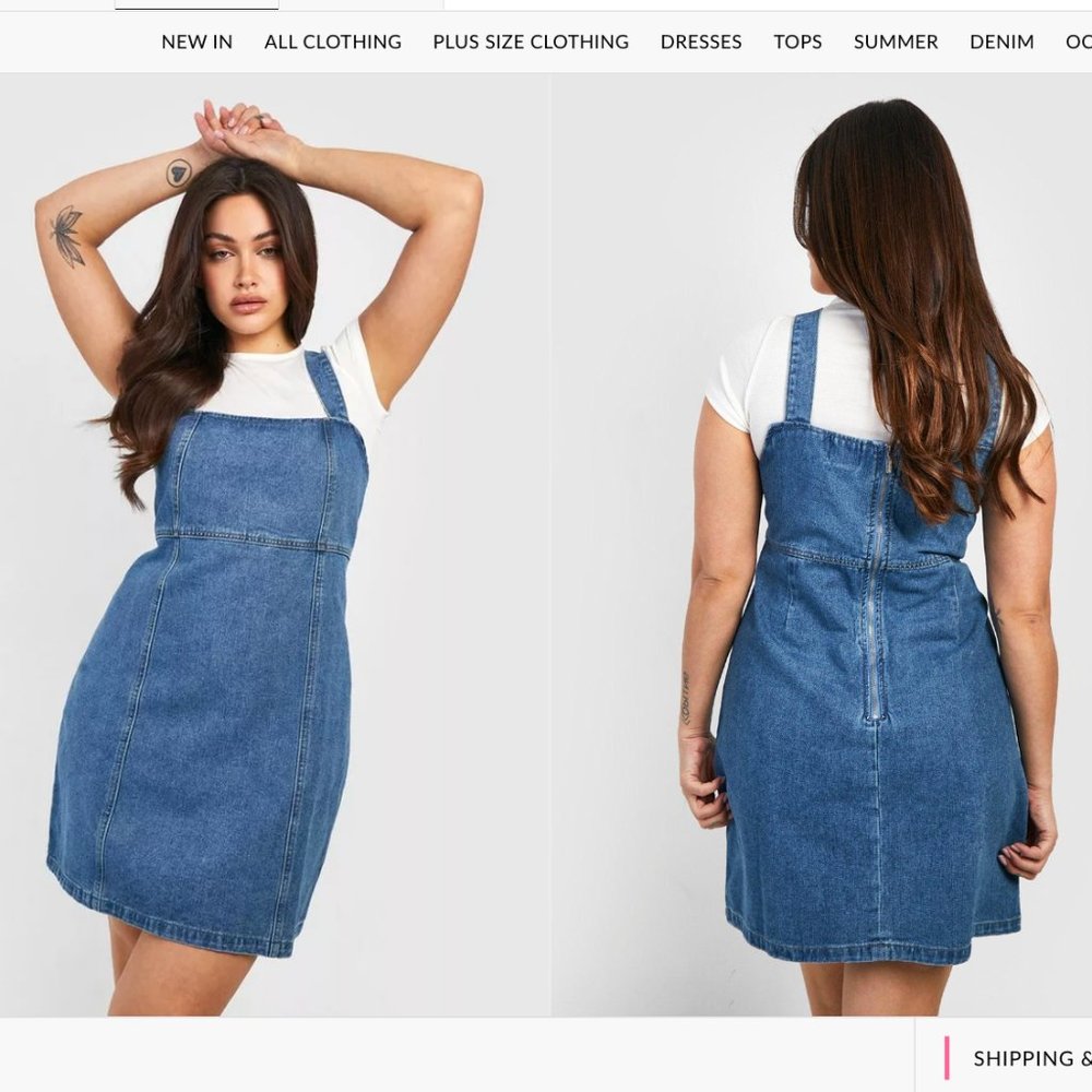 Boohoo Plus Denim Pinafore Shift Dress, US22